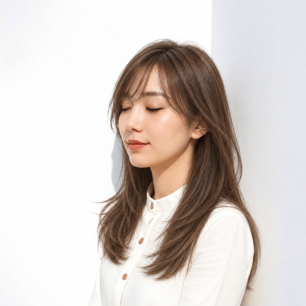 9. 流し前髪ロング × ブラウン：斜めのラインで大人らしく