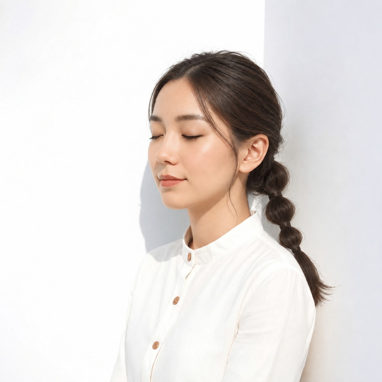 9. 玉ねぎヘア × ローポニー：重心が上がりすぎず、落ち着いたバブルアレンジになります