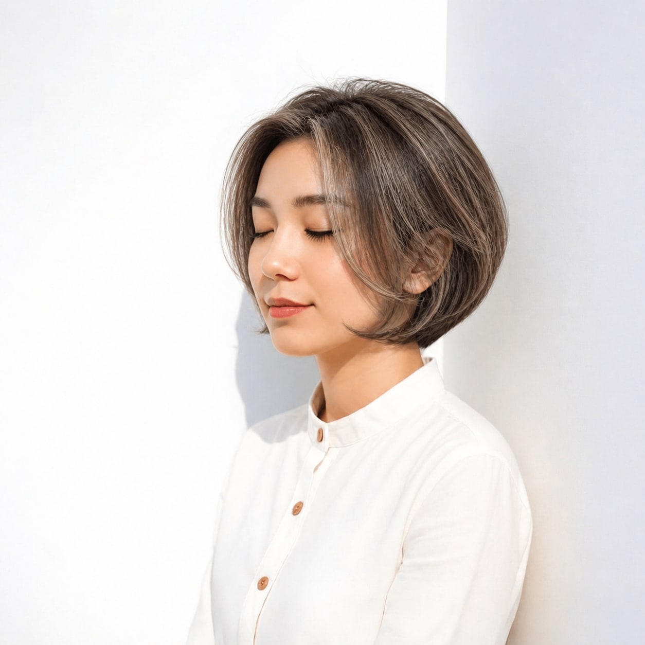 9. 白髪ぼかしハイライト × 丸みショートボブ：顔まわりの明るい色で重さをやわらげる
