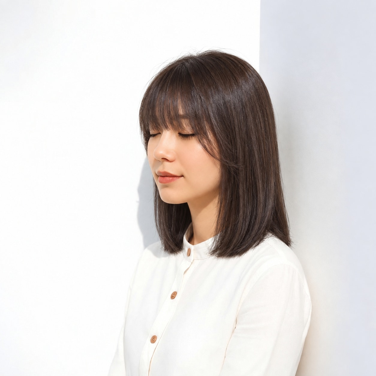 9. 重めバング × ぱっつん前髪：目元の印象がはっきりし、前髪を主役にできます