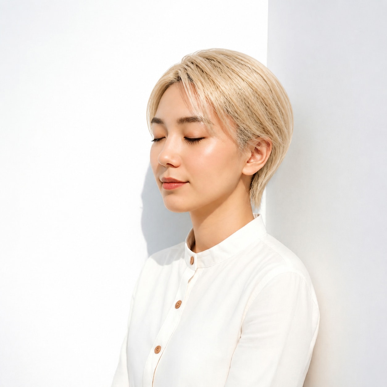 9. 金髪ショート × 長め前髪：頬をすっきりカバー