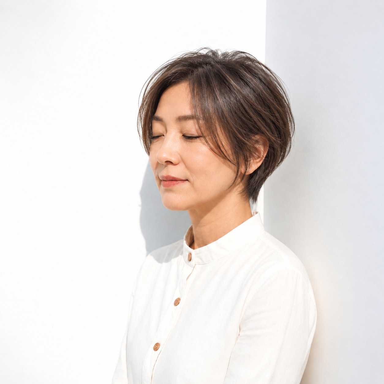 9. 長めの流し前髪 × 立体ショート：額を出して軽快に