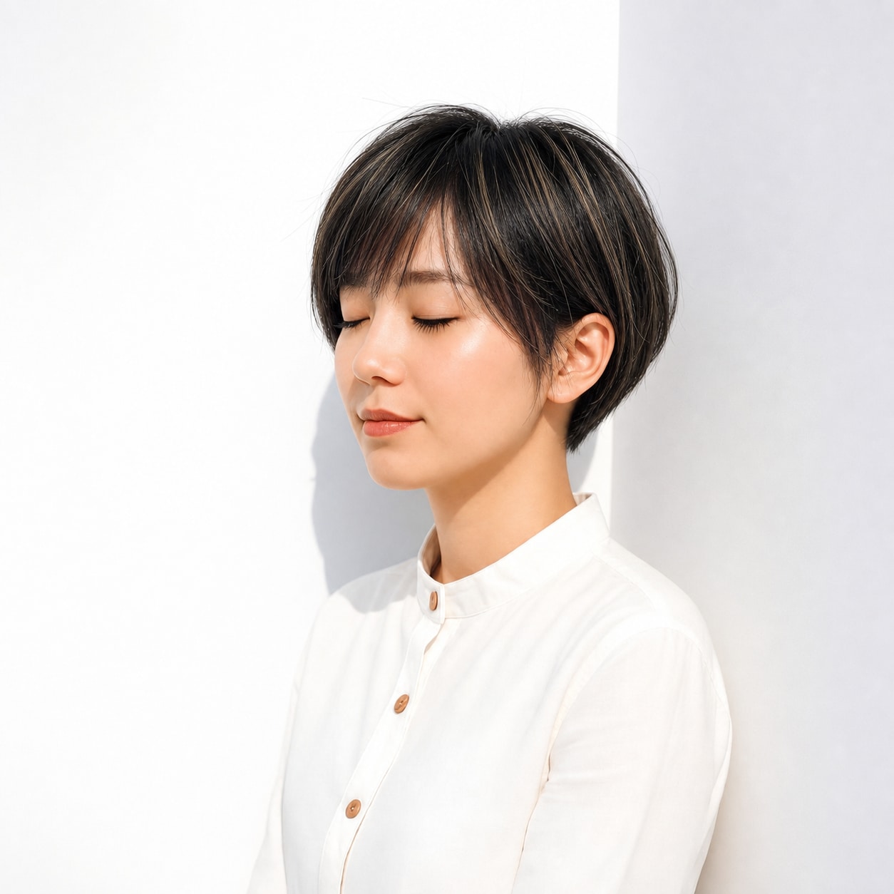 9. 黒髪ハイライト×ショート: 耳まわりのラインで短めヘアが軽い印象になる