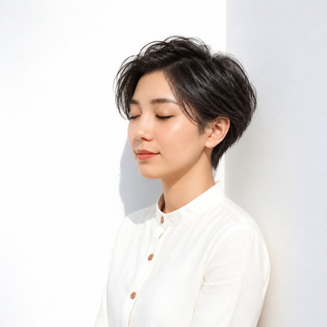 6. 黒髪ラフショート × かき上げ：トップの動きで作り込みすぎずに決まる