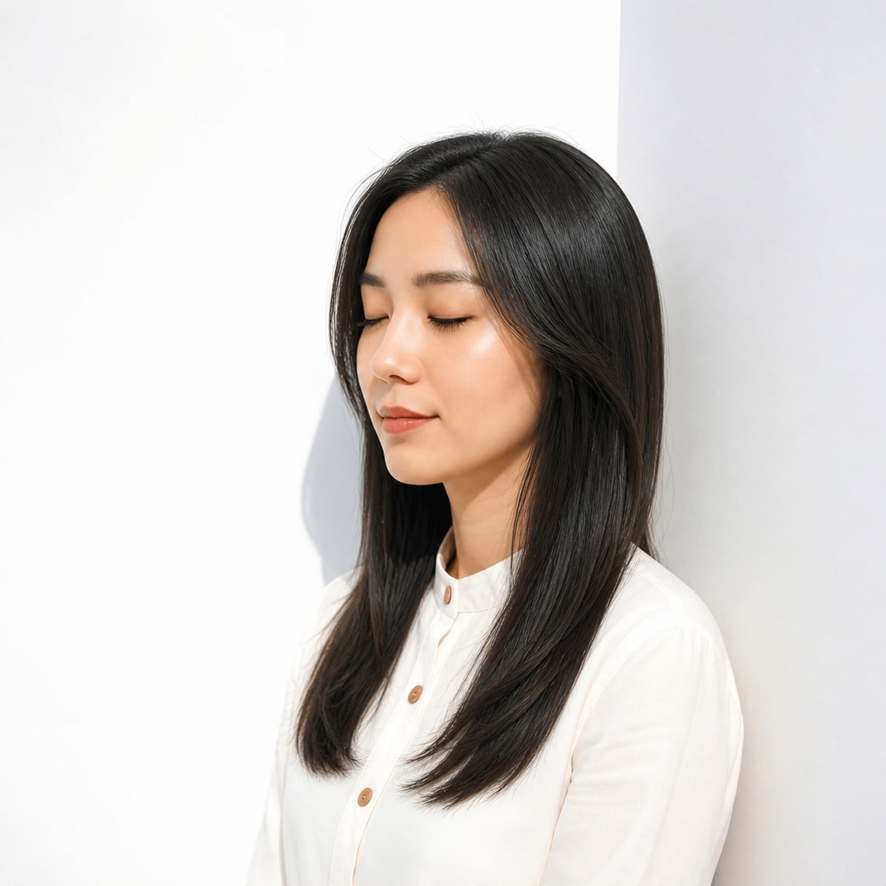 9. 黒髪ロング × 前髪なしナチュラル：顔まわりがすっきり