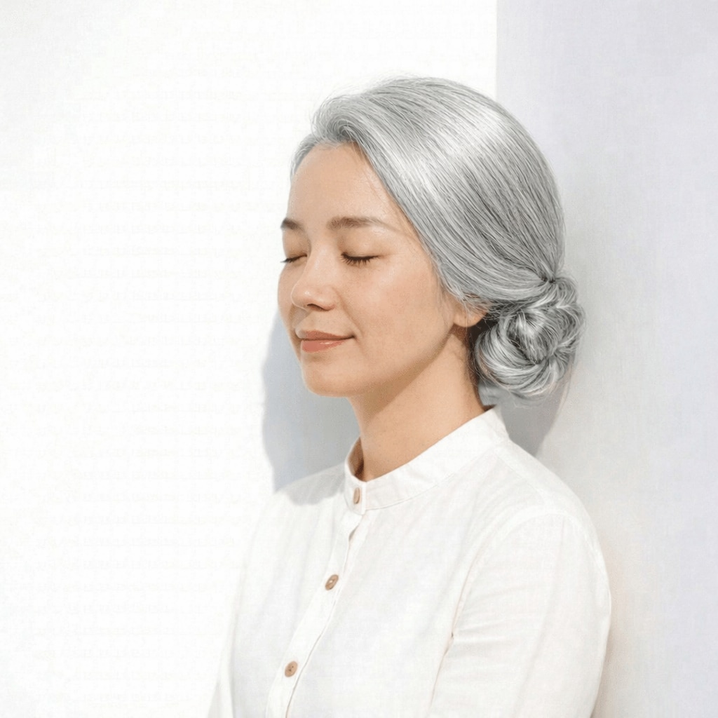 ヘアアレンジを加えたセミロングのグレイヘア