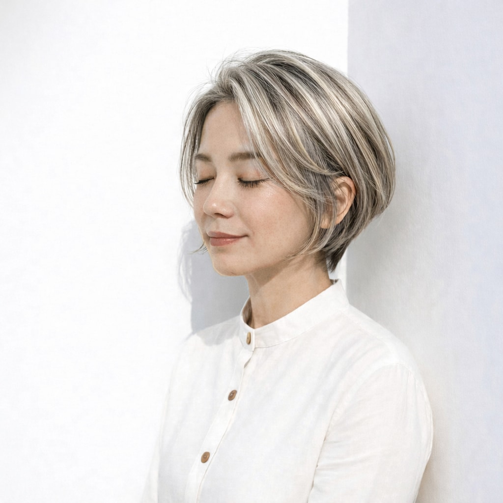 ヘアカラー3._細めメッシュで白髪を自然に散らすハイライトカラー