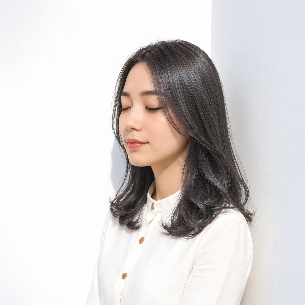 ゆるい毛先になじむブラウンベースのグレーアッシュ
