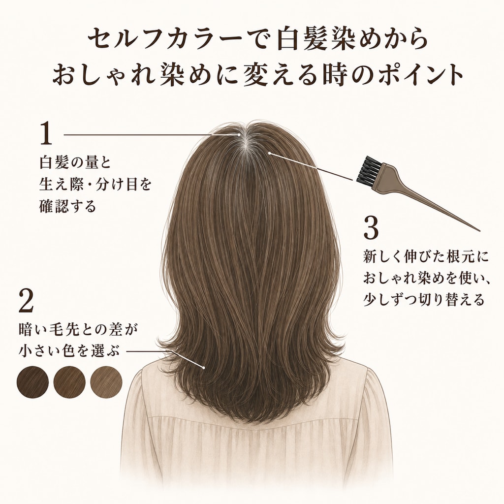 セルフカラーで白髪染めからおしゃれ染めに変える時のポイント